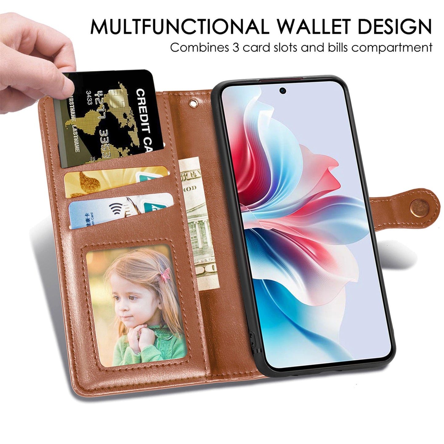 For Oppo Reno13 5G (Global) Case Leather Phone Case Wallet Stand Cover with Wrist Strap - Brown