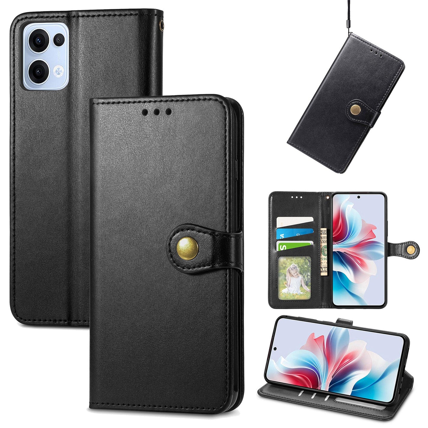 For Oppo Reno13 5G (Global) Case Leather Phone Case Wallet Stand Cover with Wrist Strap - Black