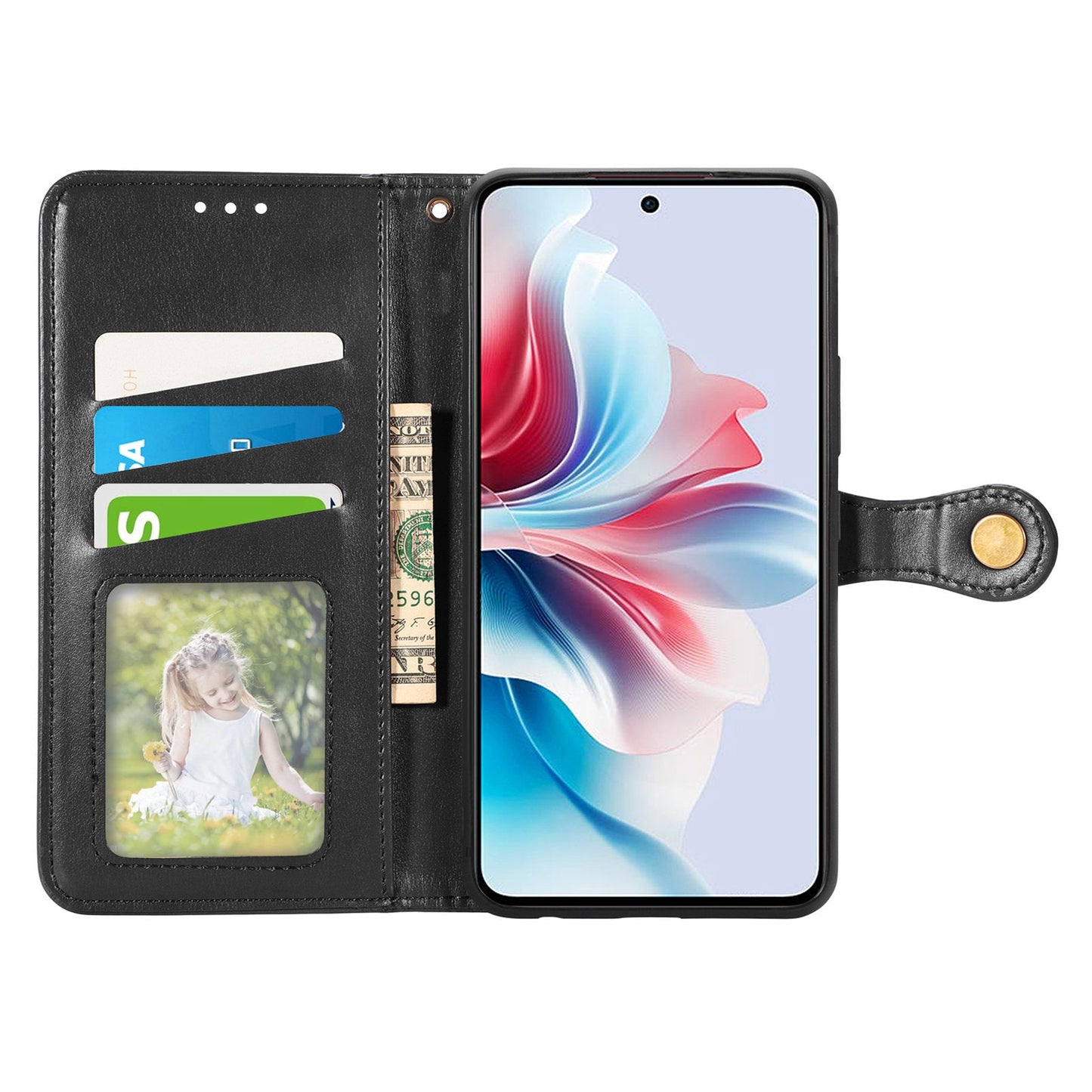 For Oppo Reno13 5G (Global) Case Leather Phone Case Wallet Stand Cover with Wrist Strap - Black