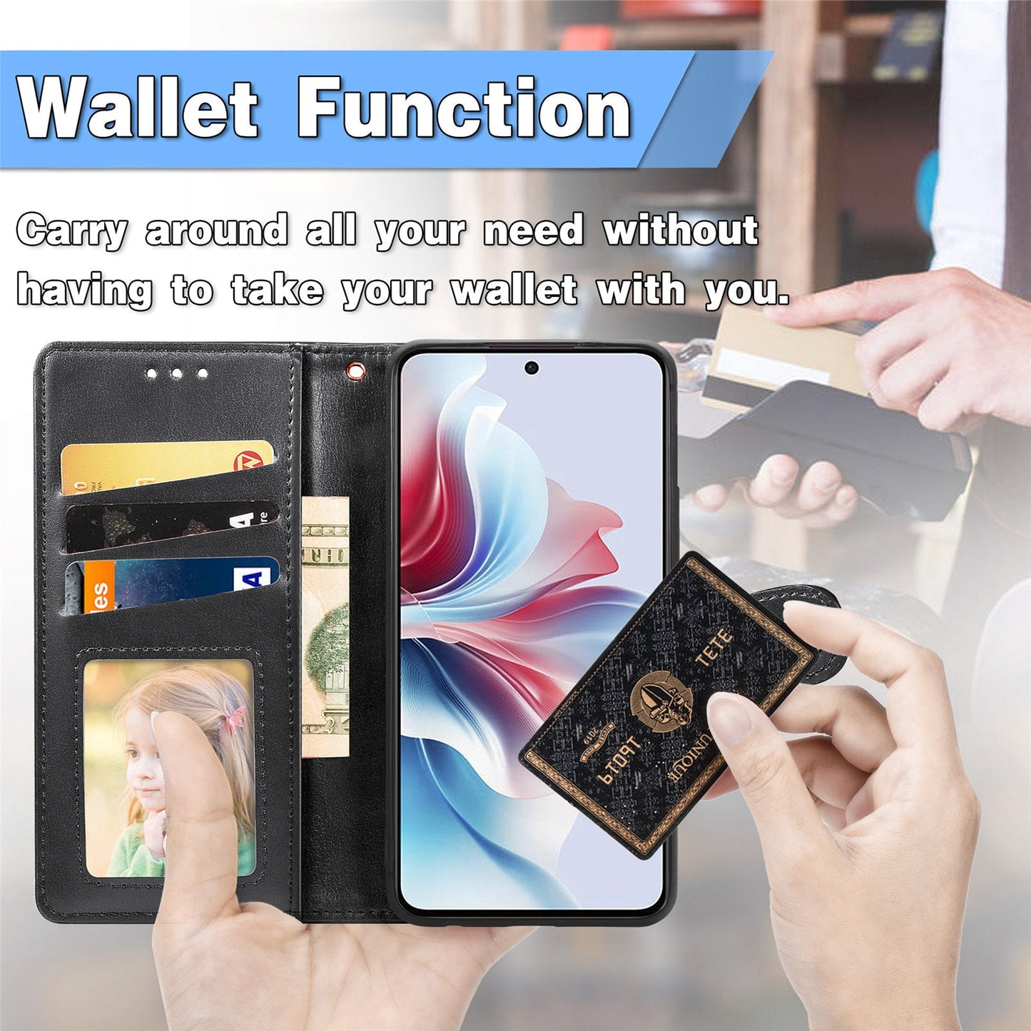 For Oppo Reno13 5G (Global) Case Leather Phone Case Wallet Stand Cover with Wrist Strap - Black