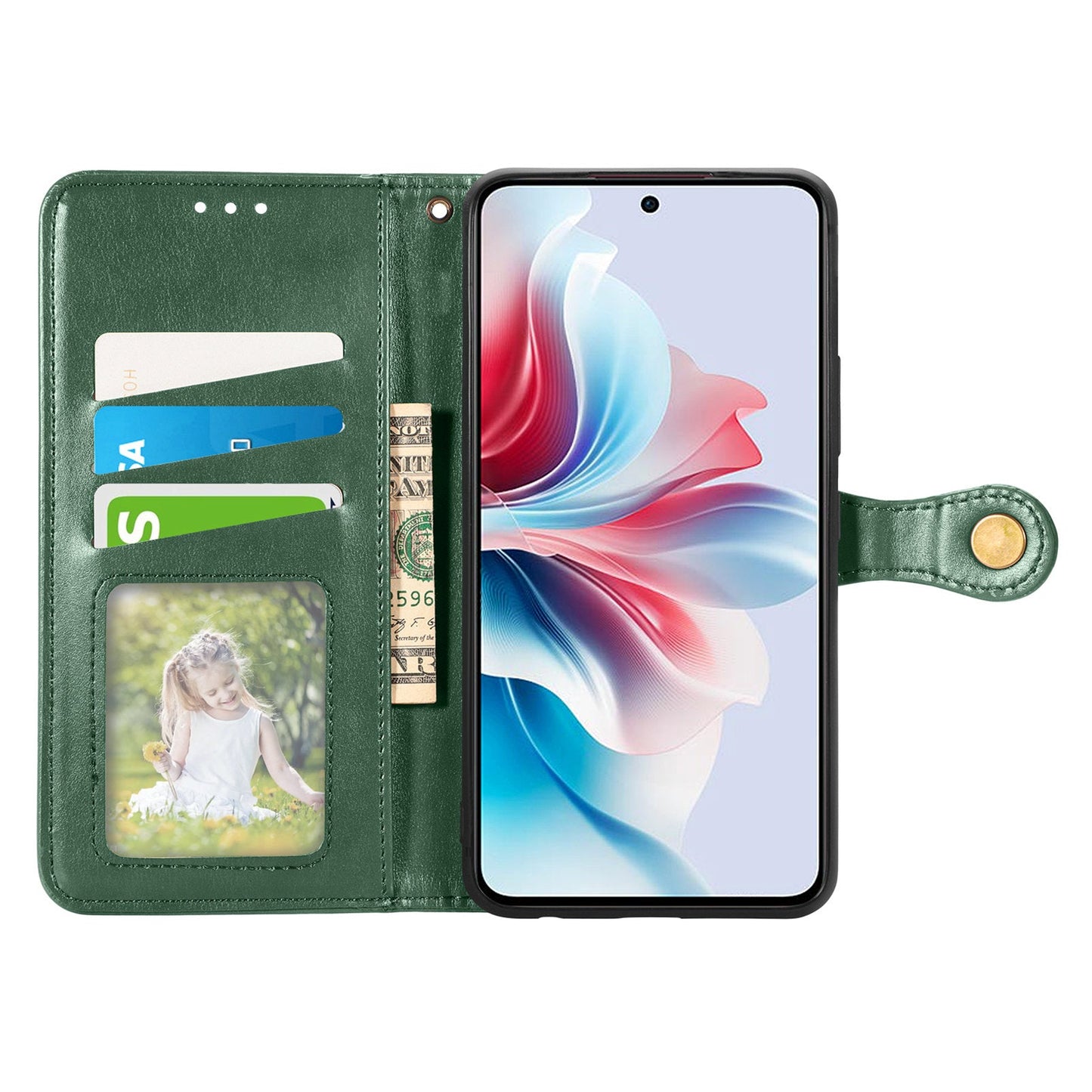 For Oppo Reno13 5G (Global) Case Leather Phone Case Wallet Stand Cover with Wrist Strap - Green