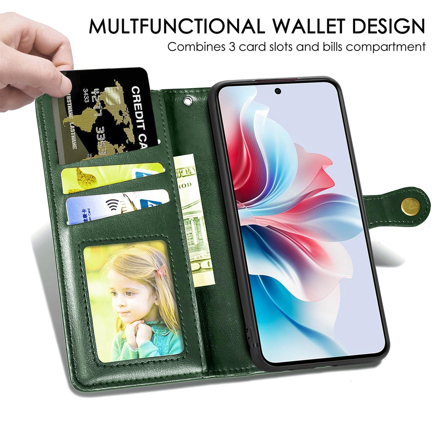 For Oppo Reno13 5G (Global) Case Leather Phone Case Wallet Stand Cover with Wrist Strap - Green