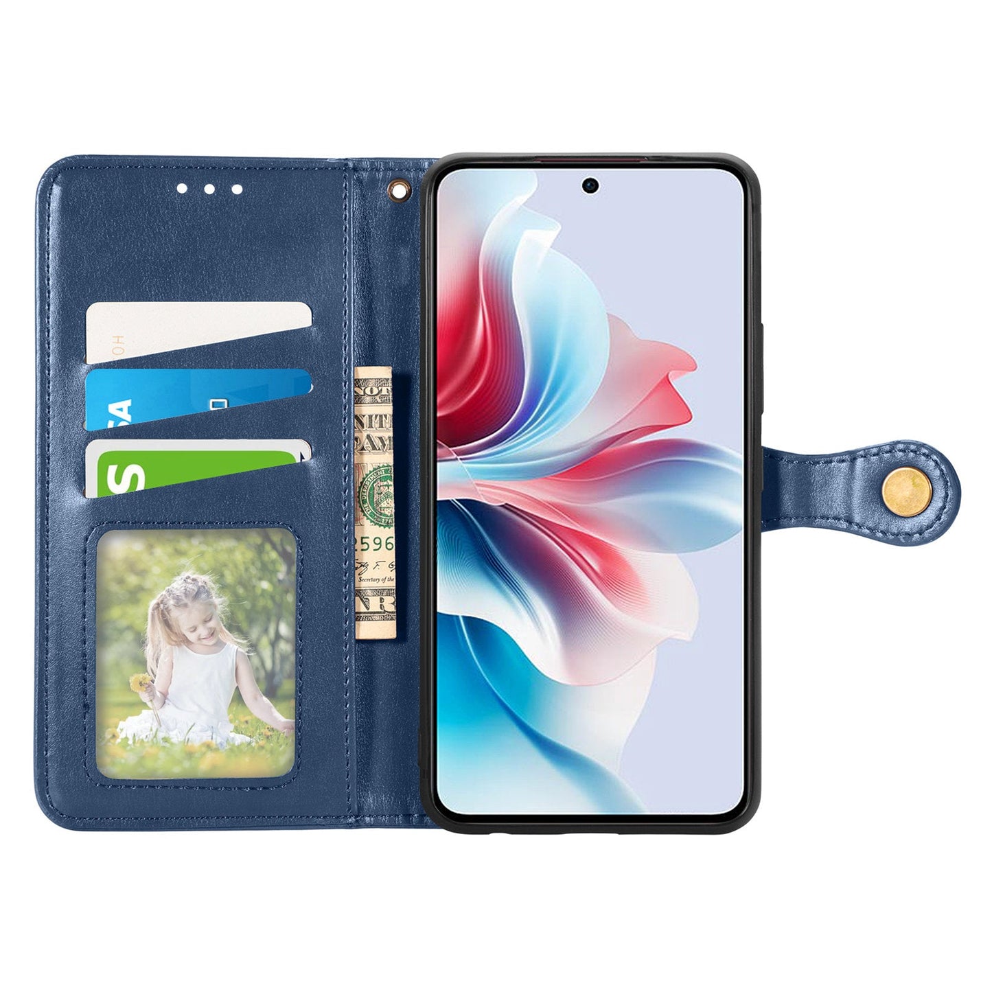 For Oppo Reno13 5G (Global) Case Leather Phone Case Wallet Stand Cover with Wrist Strap - Blue