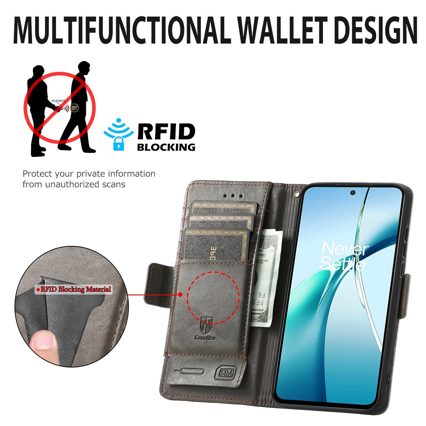 For Oppo Reno13 5G (Global) Phone Cases CASENEO PU Leather Cover Stand with RFID Blocking Wallet - Grey