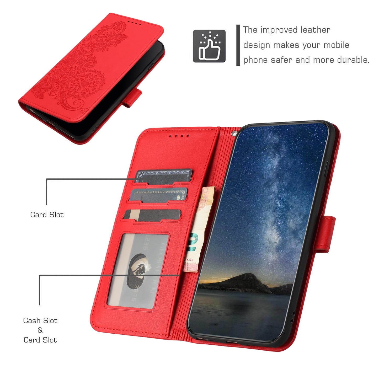 For Samsung Galaxy M16 5G / Galaxy F16 5G Phone Cases Mandala Flower Leather Wallet Mobile Cover with Strap - Red