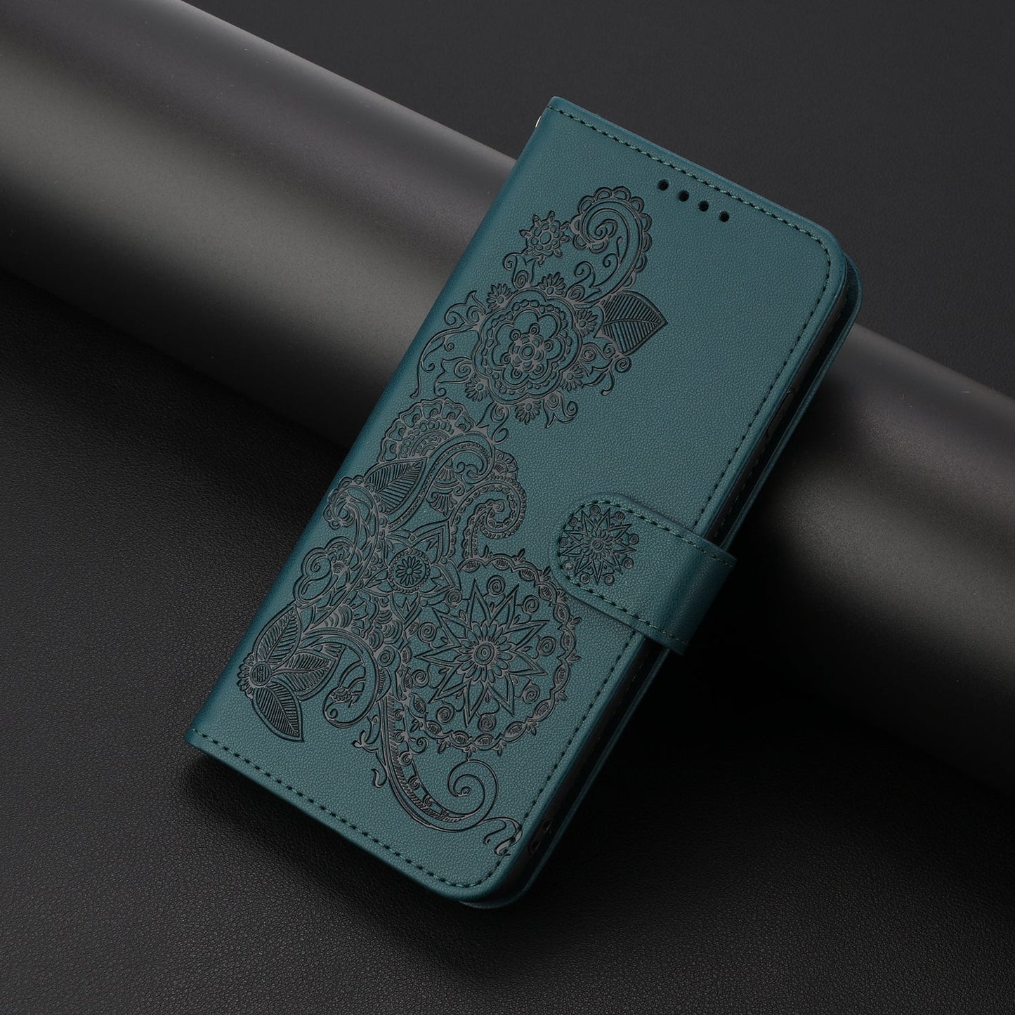 For Samsung Galaxy M16 5G / Galaxy F16 5G Phone Cases Mandala Flower Leather Wallet Mobile Cover with Strap - Blackish Green