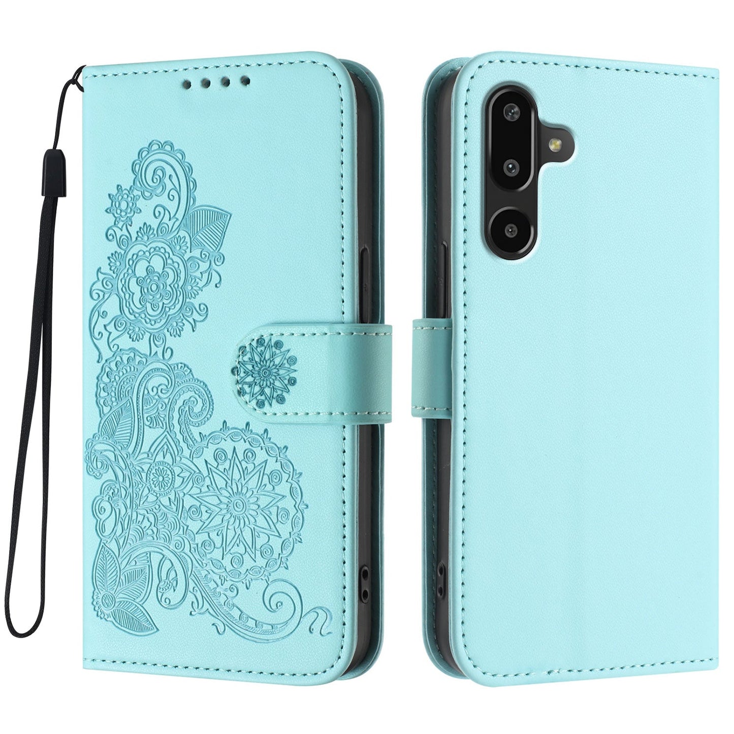 For Samsung Galaxy M16 5G / Galaxy F16 5G Phone Cases Mandala Flower Leather Wallet Mobile Cover with Strap - Light Blue