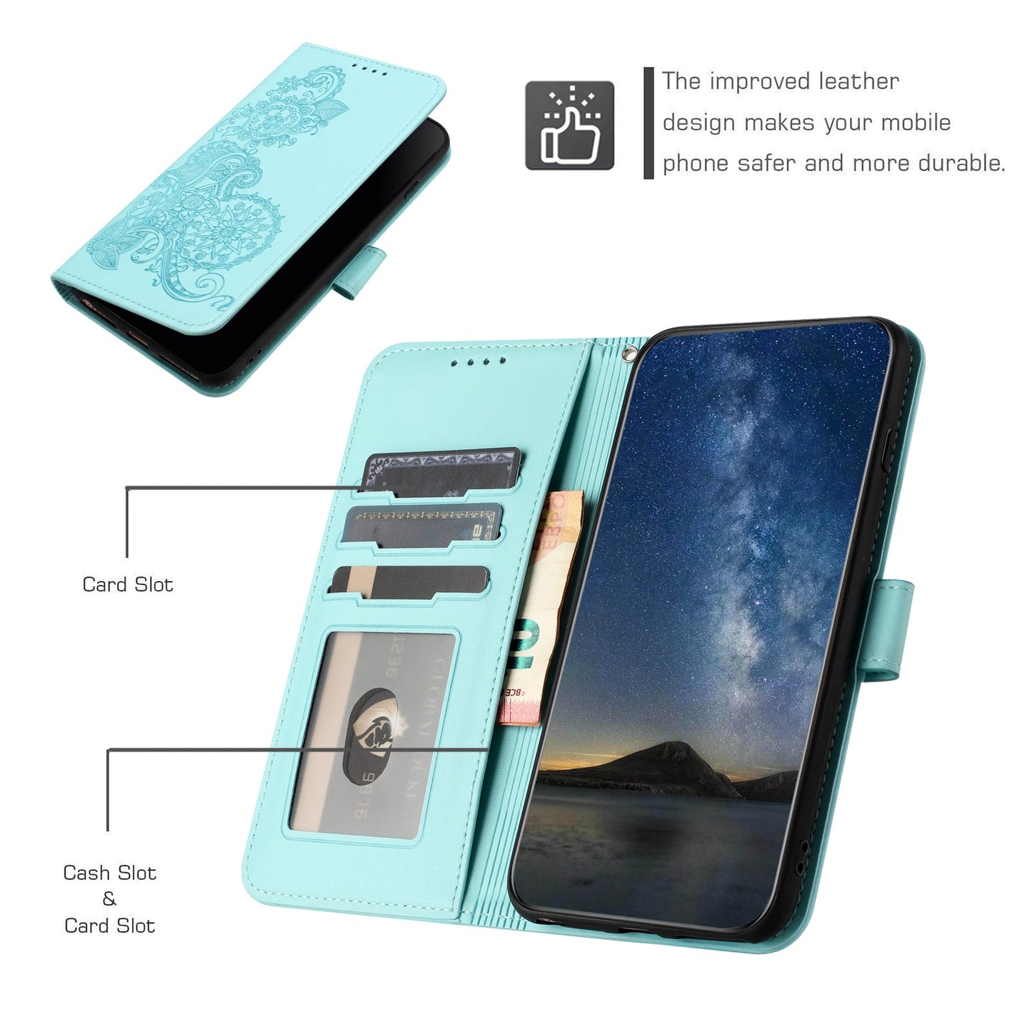 For Samsung Galaxy M16 5G / Galaxy F16 5G Phone Cases Mandala Flower Leather Wallet Mobile Cover with Strap - Light Blue