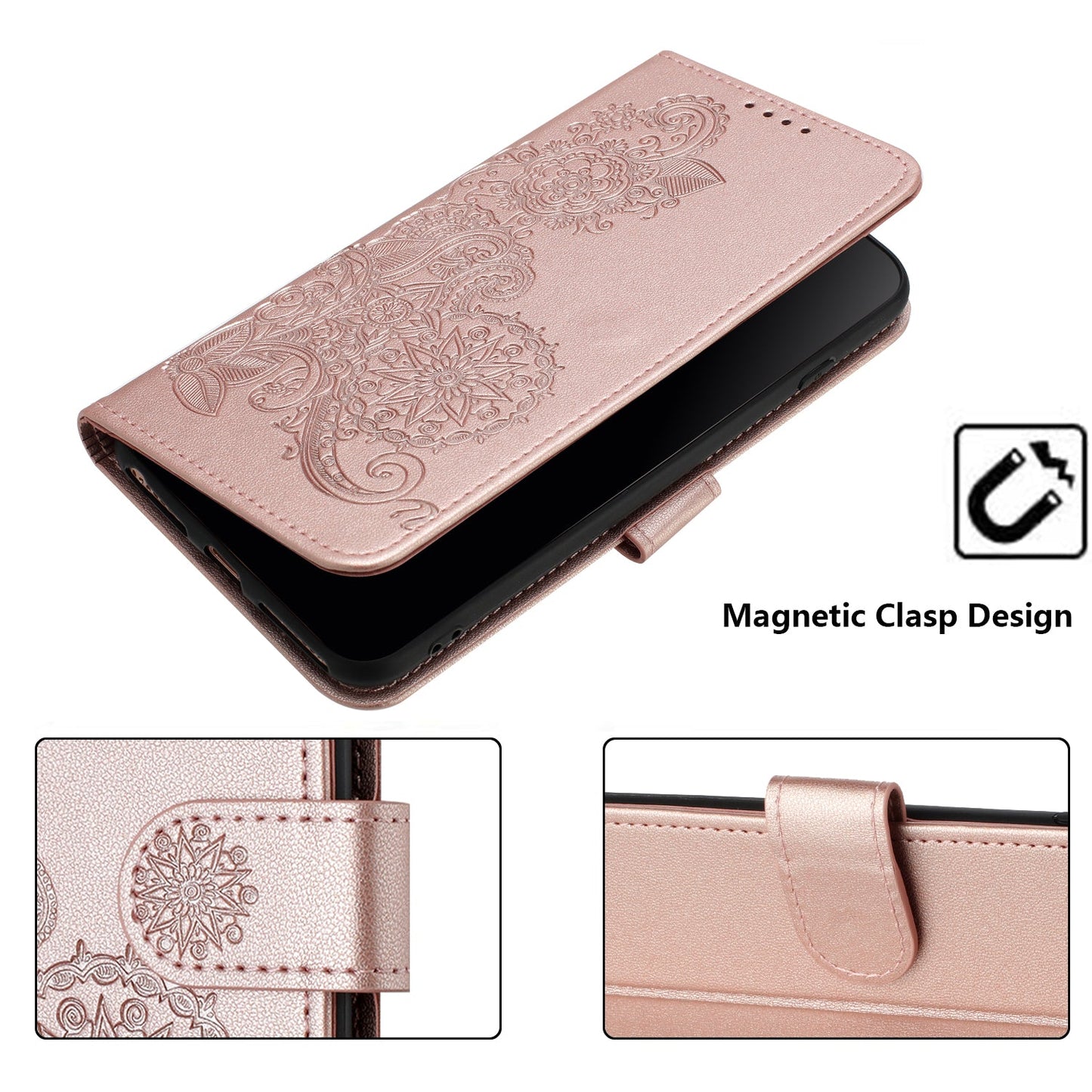 For Samsung Galaxy M16 5G / Galaxy F16 5G Phone Cases Mandala Flower Leather Wallet Mobile Cover with Strap - Rose Gold