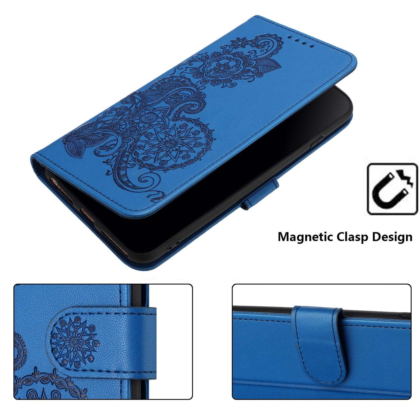 For Samsung Galaxy M06 5G / Galaxy F06 5G Phone Cases Mandala Flower Leather Wallet Mobile Cover with Strap - Royal Blue