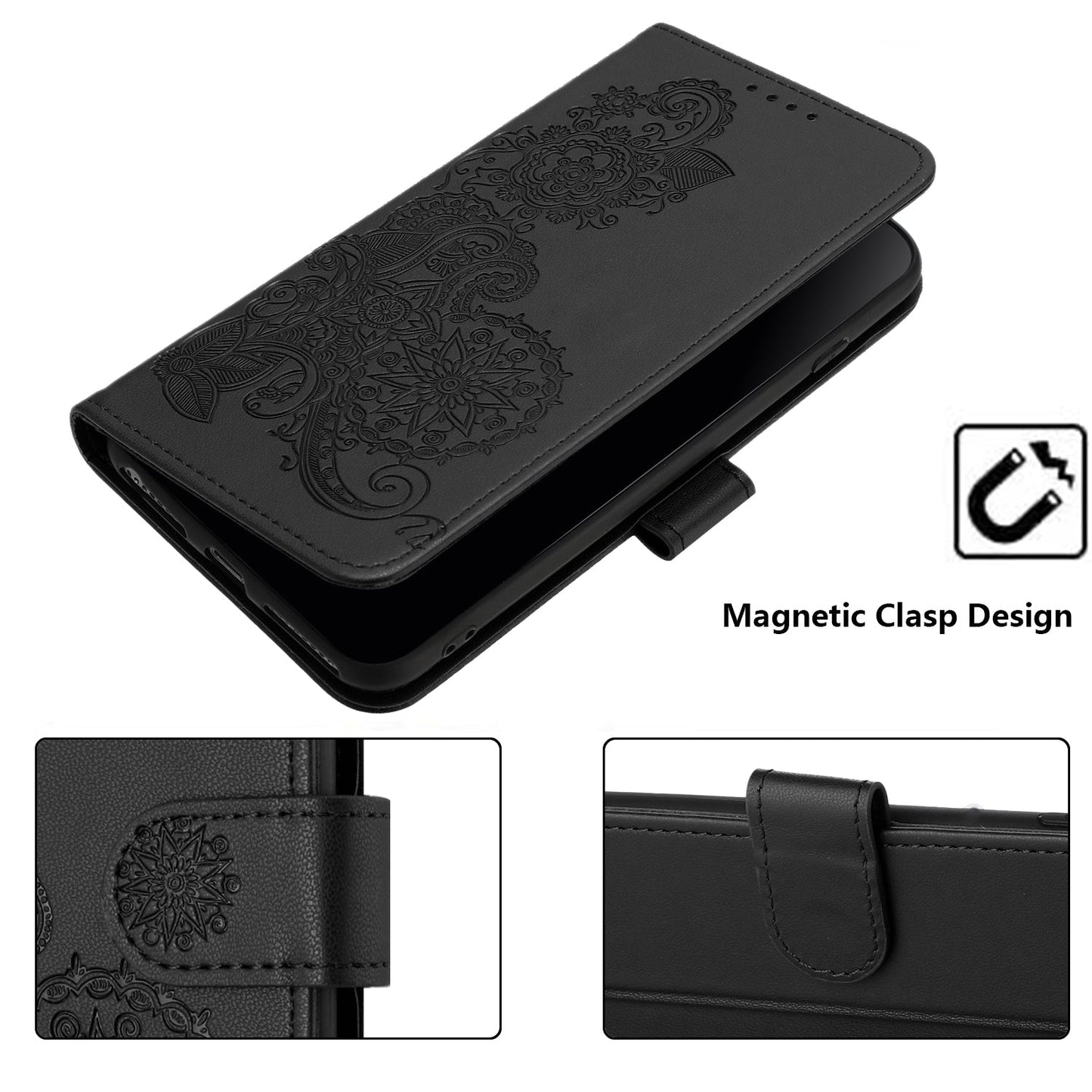 For Samsung Galaxy M06 5G / Galaxy F06 5G Phone Cases Mandala Flower Leather Wallet Mobile Cover with Strap - Black