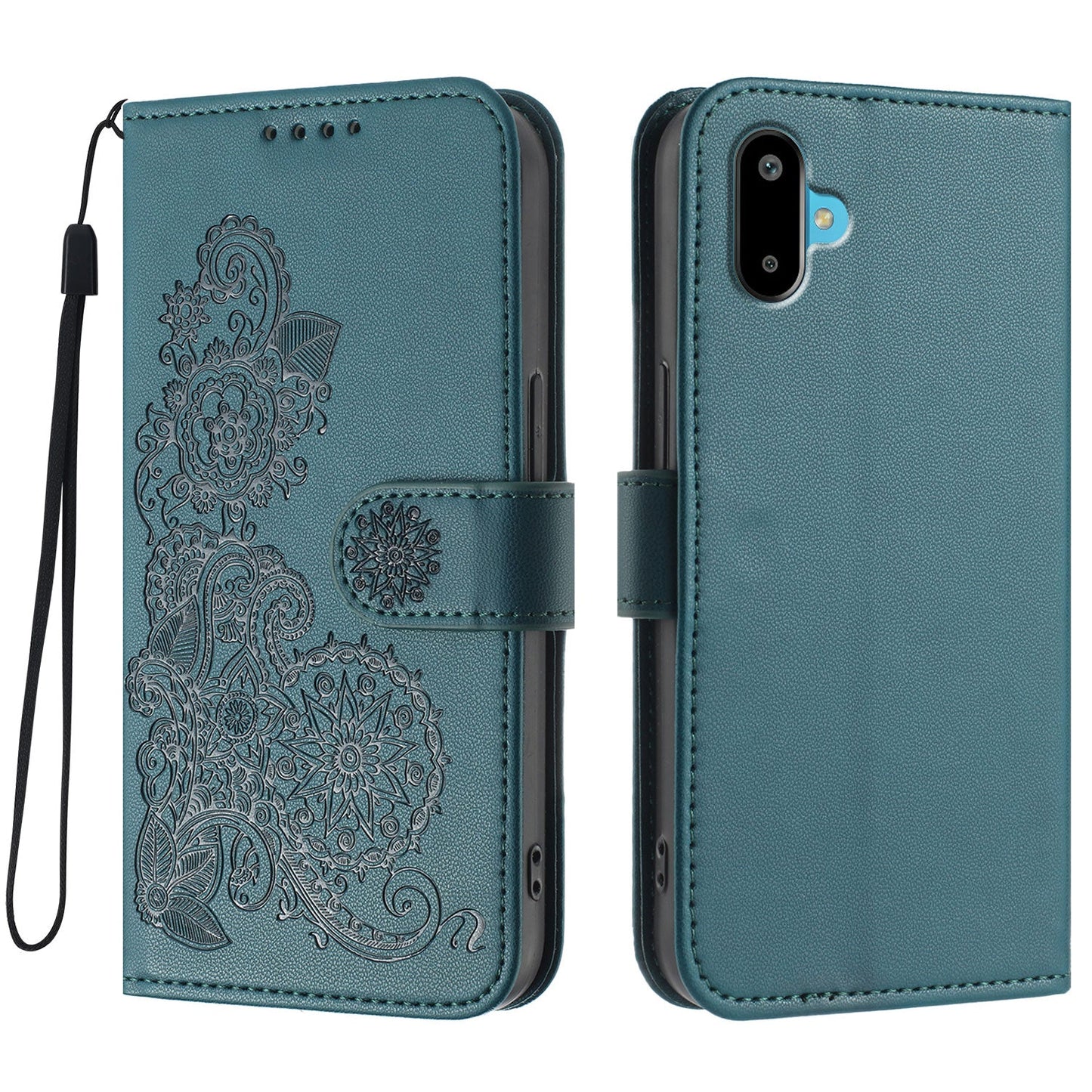 For Samsung Galaxy M06 5G / Galaxy F06 5G Phone Cases Mandala Flower Leather Wallet Mobile Cover with Strap - Blackish Green