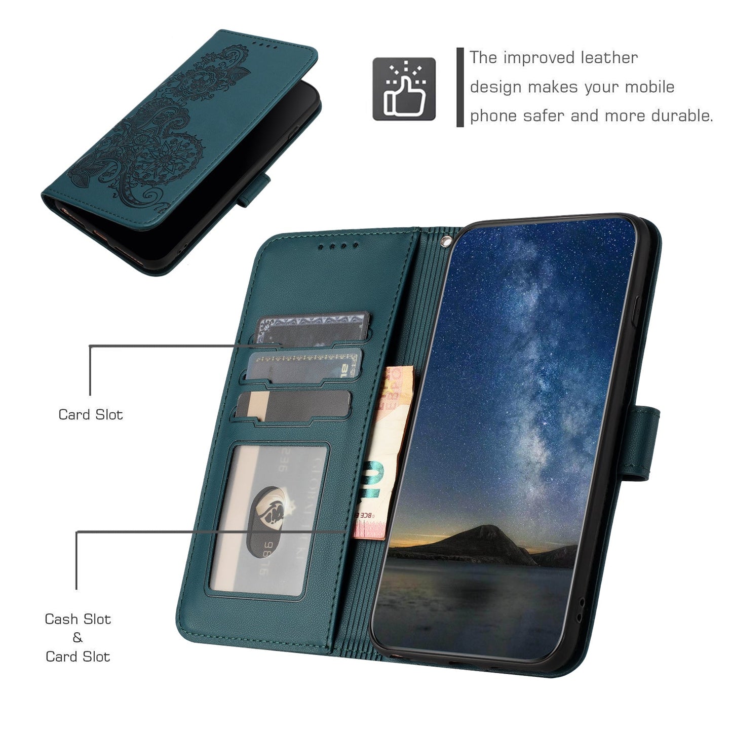 For Samsung Galaxy M06 5G / Galaxy F06 5G Phone Cases Mandala Flower Leather Wallet Mobile Cover with Strap - Blackish Green