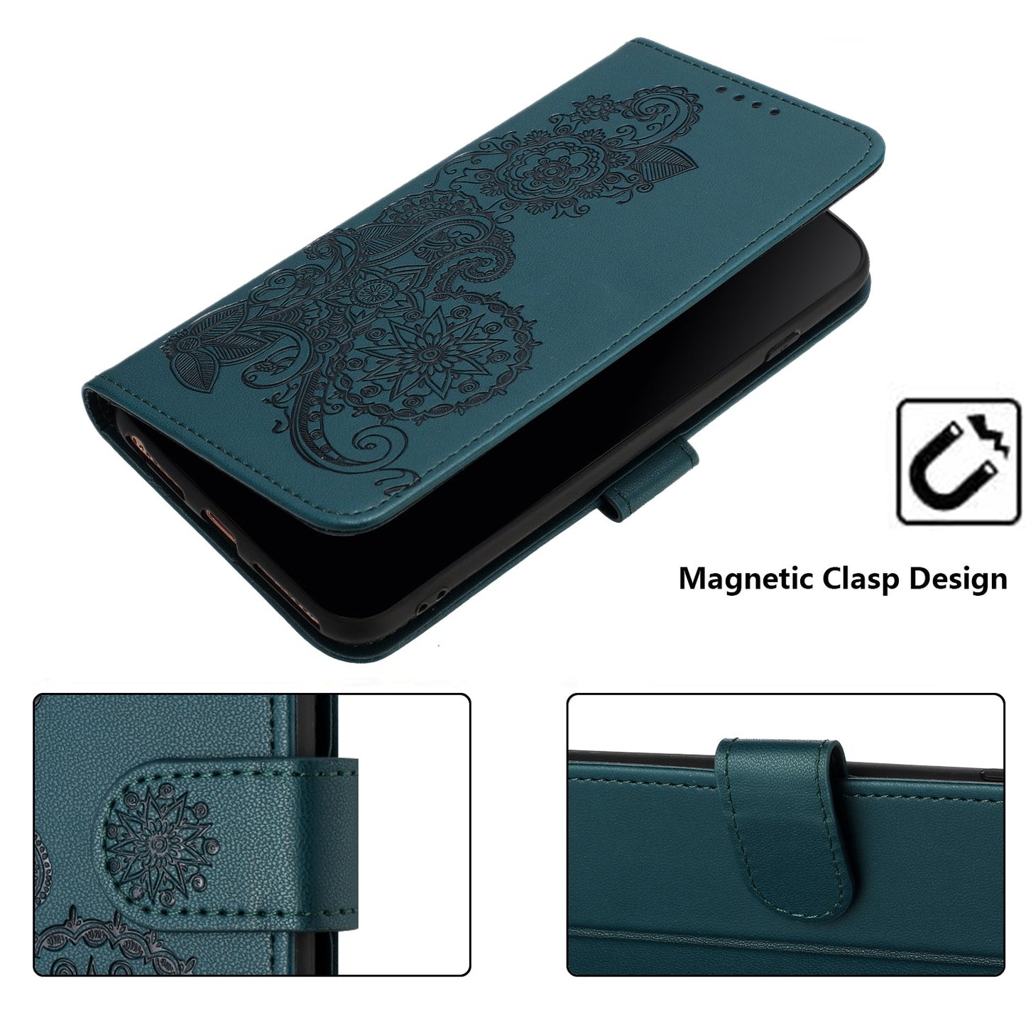 For Samsung Galaxy M06 5G / Galaxy F06 5G Phone Cases Mandala Flower Leather Wallet Mobile Cover with Strap - Blackish Green