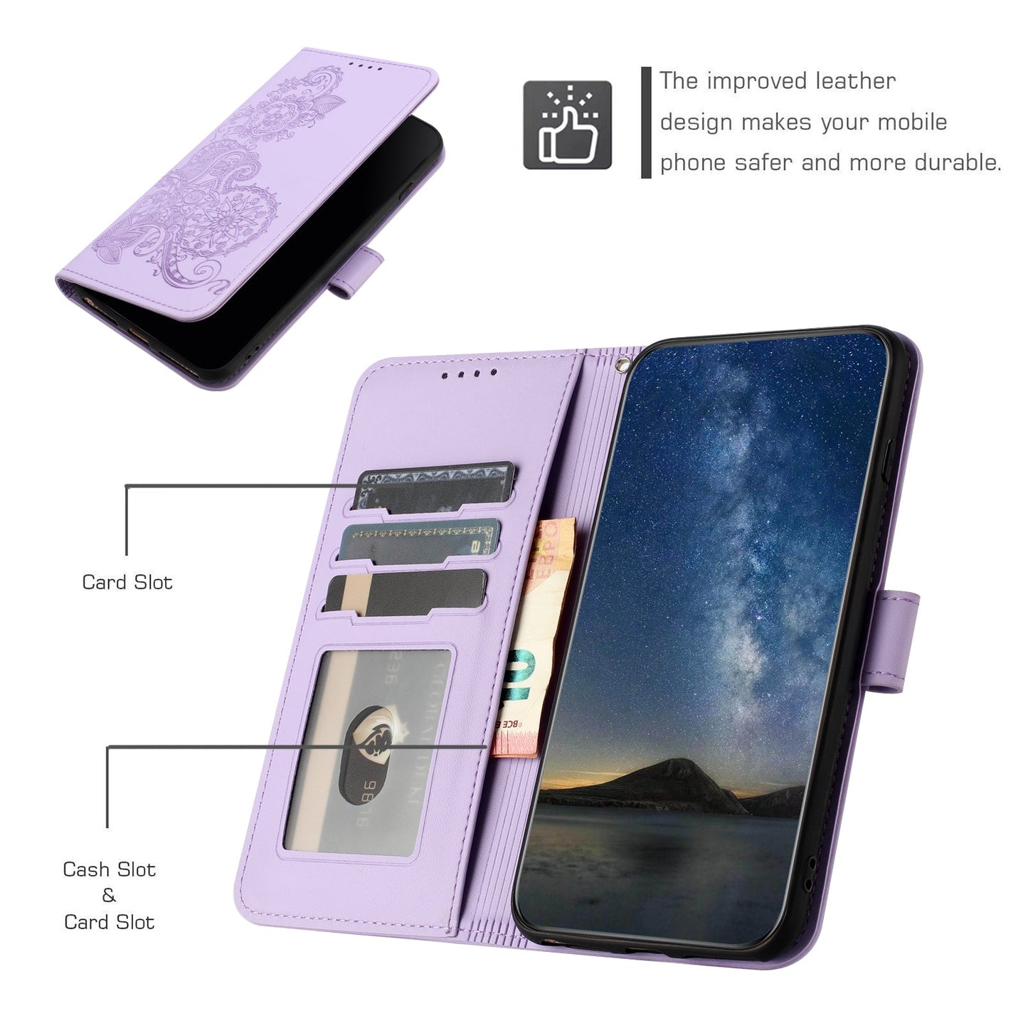 For Samsung Galaxy M06 5G / Galaxy F06 5G Phone Cases Mandala Flower Leather Wallet Mobile Cover with Strap - Purple