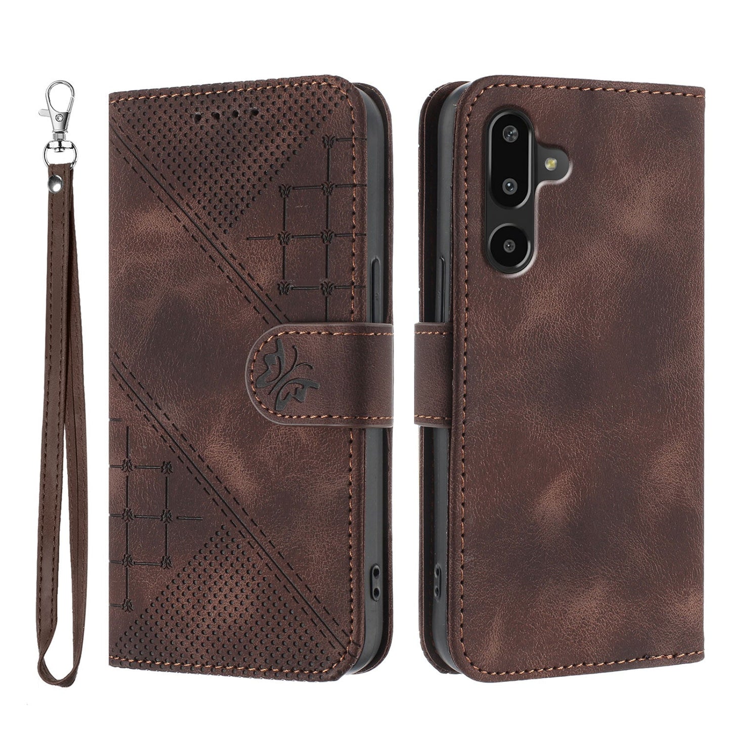 For Samsung Galaxy M16 5G / Galaxy F16 5G Leather Wallet Case Butterfly Flower Imprinted Phone Cover with Strap - Coffee