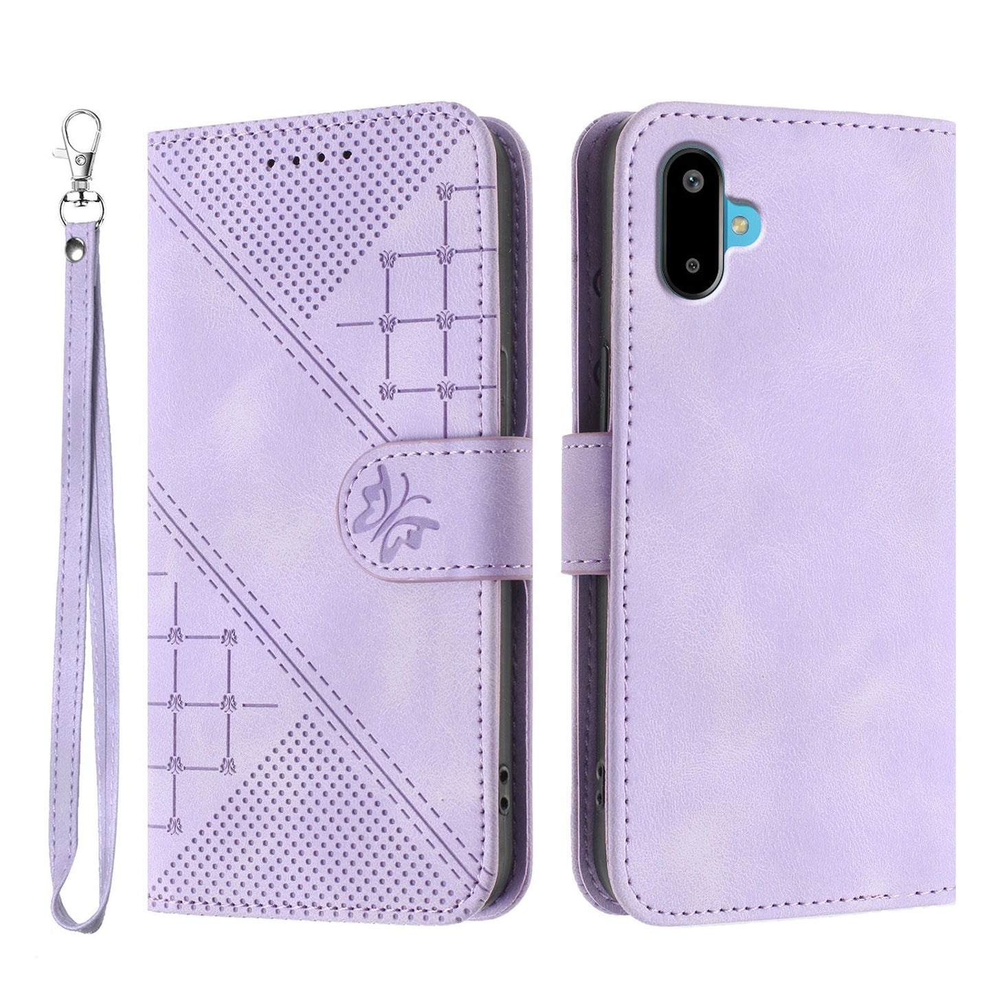 For Samsung Galaxy M06 5G / Galaxy F06 5G Leather Wallet Case Butterfly Flower Imprinted Phone Cover with Strap - Purple