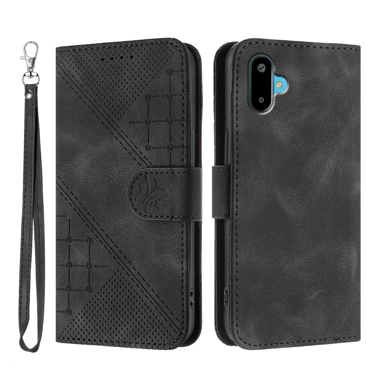 For Samsung Galaxy M06 5G / Galaxy F06 5G Leather Wallet Case Butterfly Flower Imprinted Phone Cover with Strap - Black