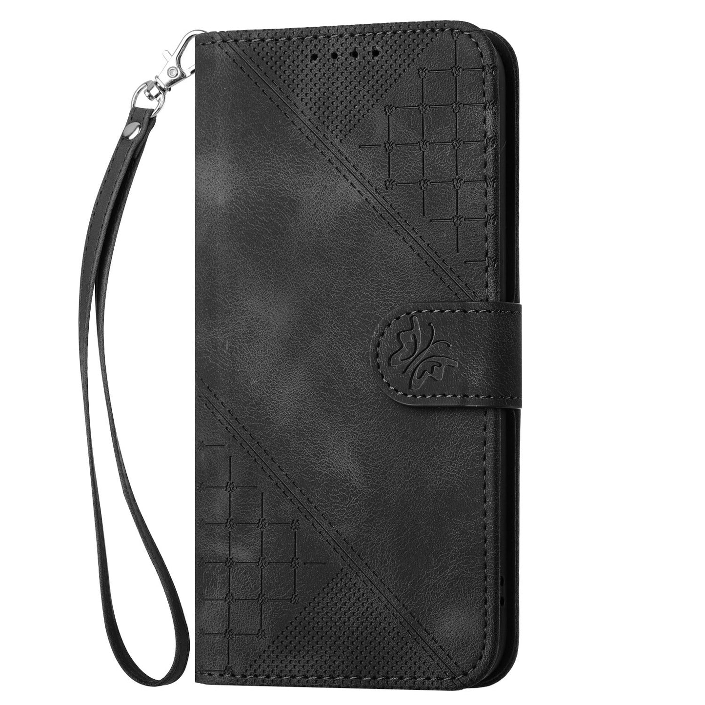 For Samsung Galaxy M06 5G / Galaxy F06 5G Leather Wallet Case Butterfly Flower Imprinted Phone Cover with Strap - Black