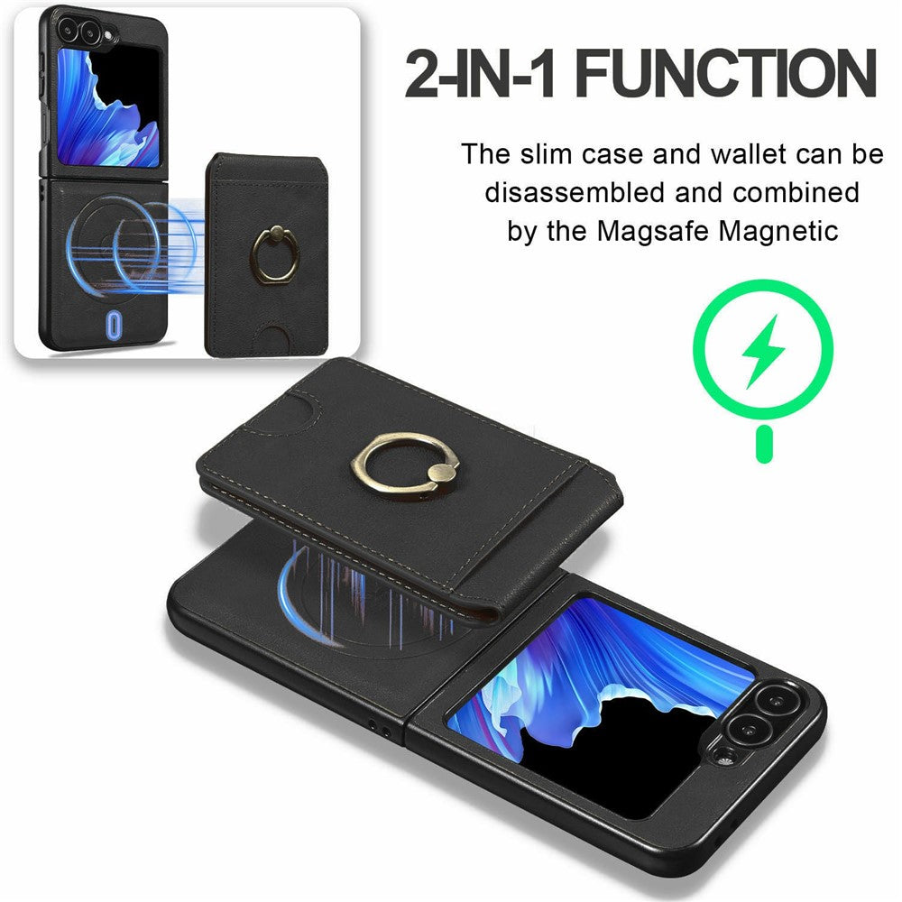 For Samsung Galaxy Z Flip7 FE 5G / Z Flip6 5G Magnetic Case PC + PU Phone Back Cover with Detachable Card Holder - Black
