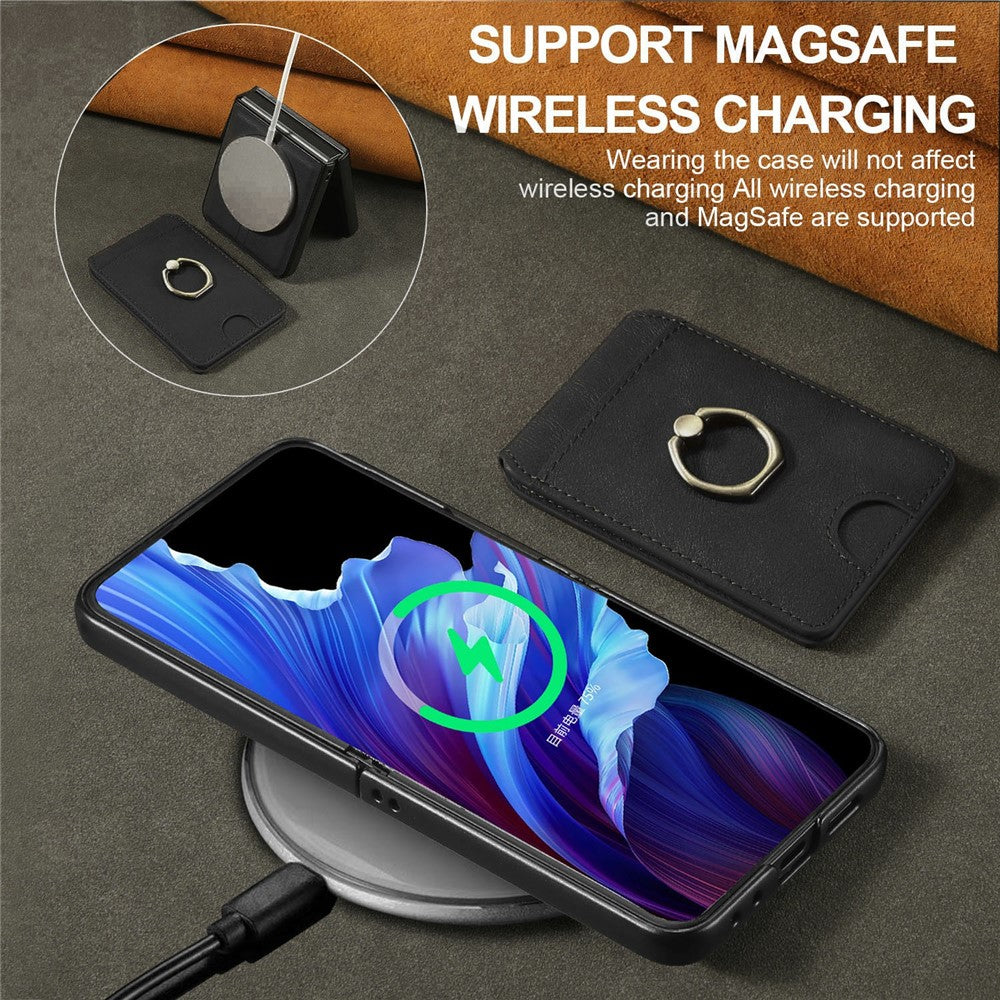 For Samsung Galaxy Z Flip7 FE 5G / Z Flip6 5G Magnetic Case PC + PU Phone Back Cover with Detachable Card Holder - Black