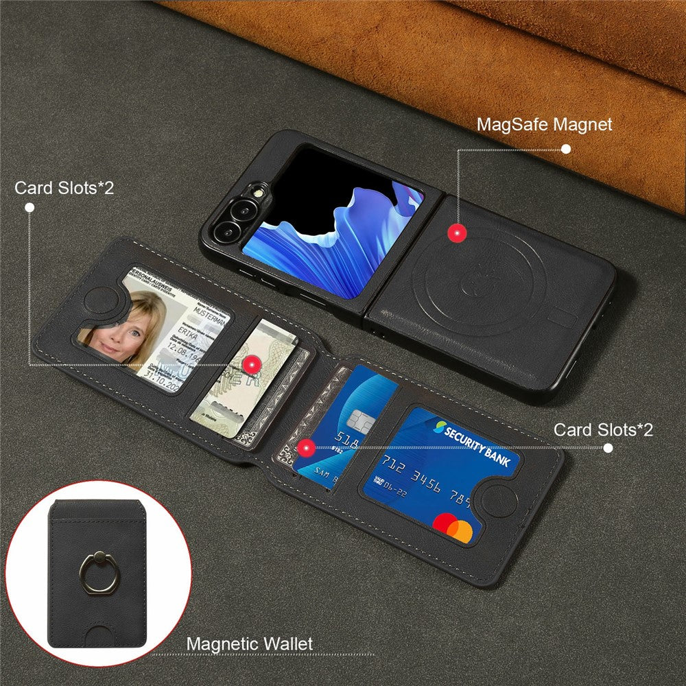 For Samsung Galaxy Z Flip7 FE 5G / Z Flip6 5G Magnetic Case PC + PU Phone Back Cover with Detachable Card Holder - Black