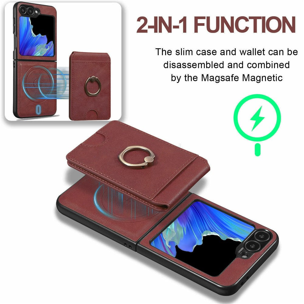 For Samsung Galaxy Z Flip7 FE 5G / Z Flip6 5G Magnetic Case PC + PU Phone Back Cover with Detachable Card Holder - Red