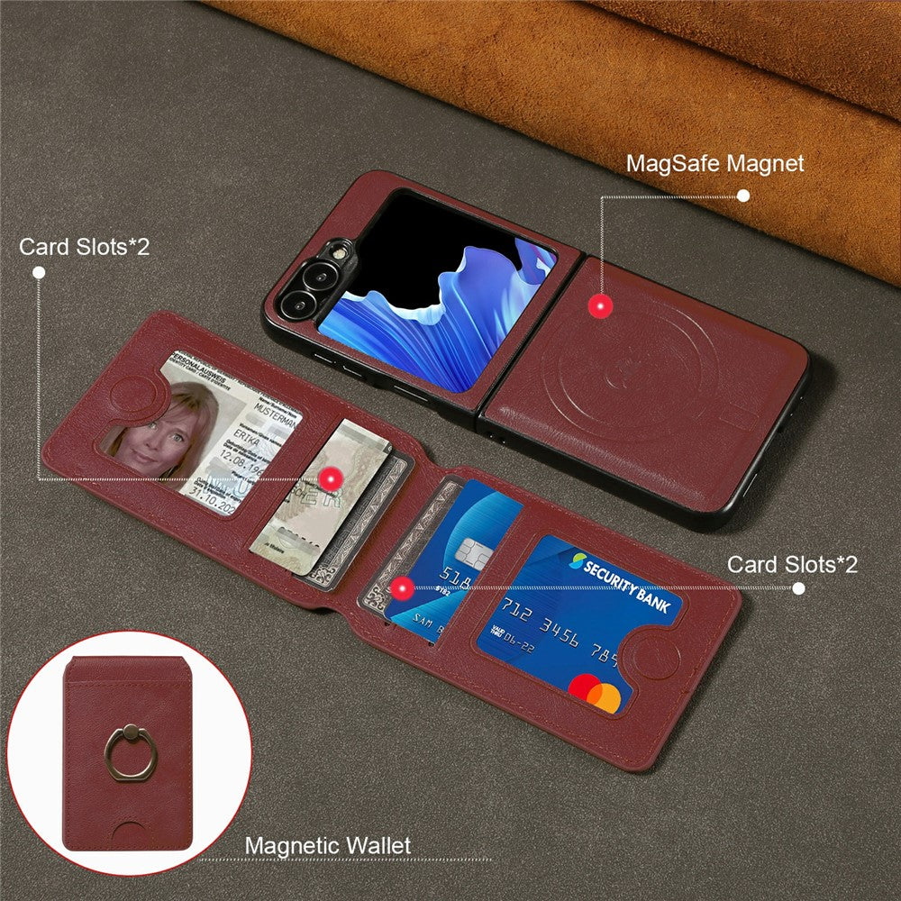For Samsung Galaxy Z Flip7 FE 5G / Z Flip6 5G Magnetic Case PC + PU Phone Back Cover with Detachable Card Holder - Red