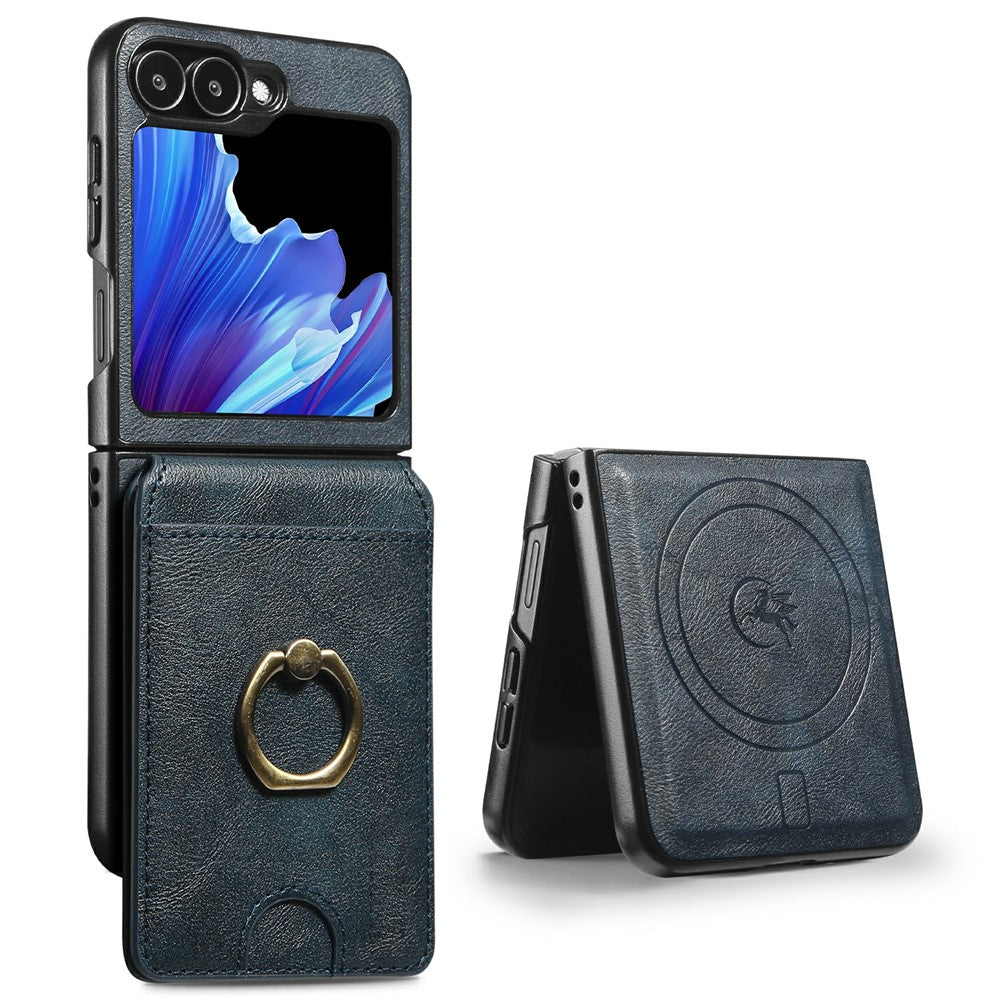 For Samsung Galaxy Z Flip7 FE 5G / Z Flip6 5G Magnetic Case PC + PU Phone Back Cover with Detachable Card Holder - Blue