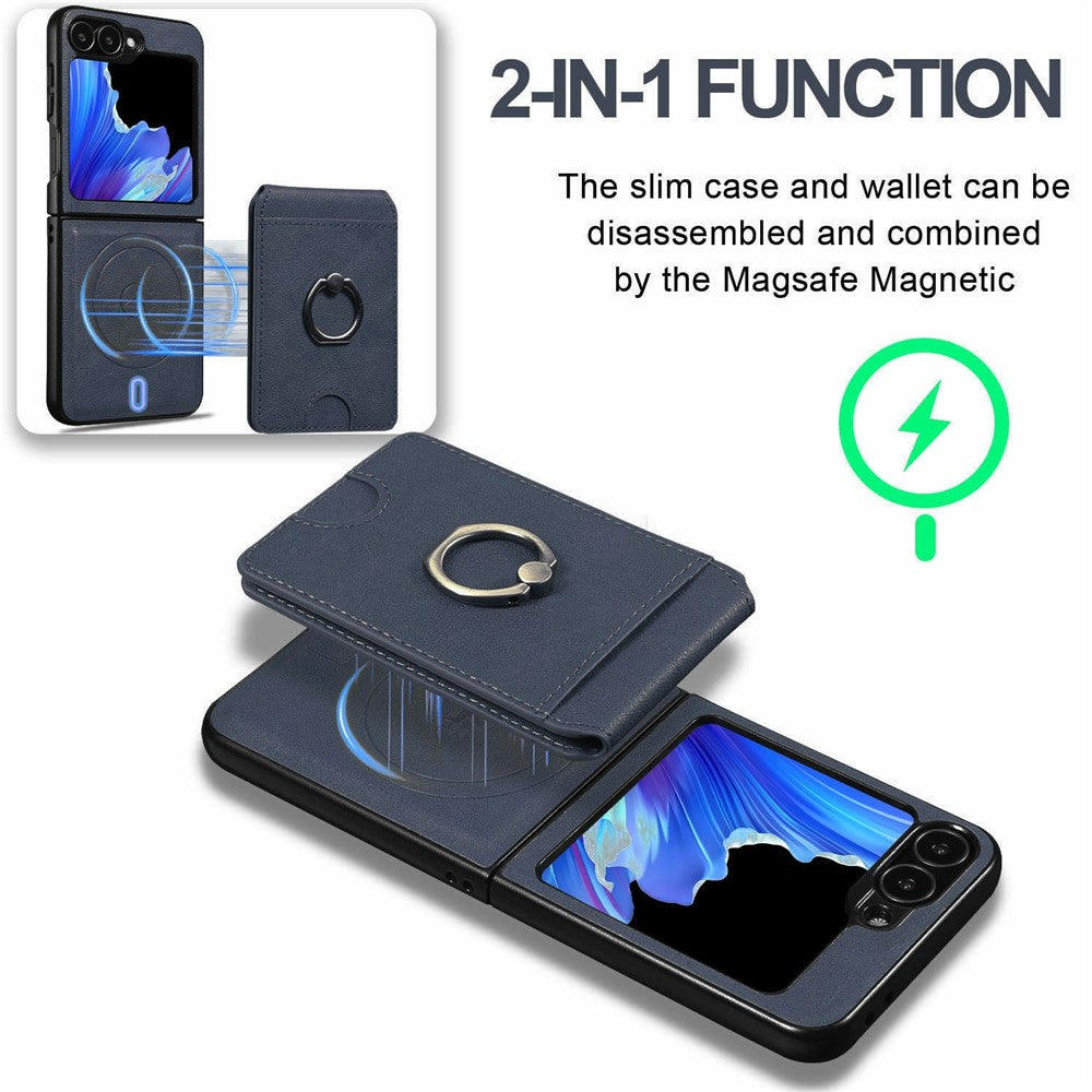 For Samsung Galaxy Z Flip7 FE 5G / Z Flip6 5G Magnetic Case PC + PU Phone Back Cover with Detachable Card Holder - Blue