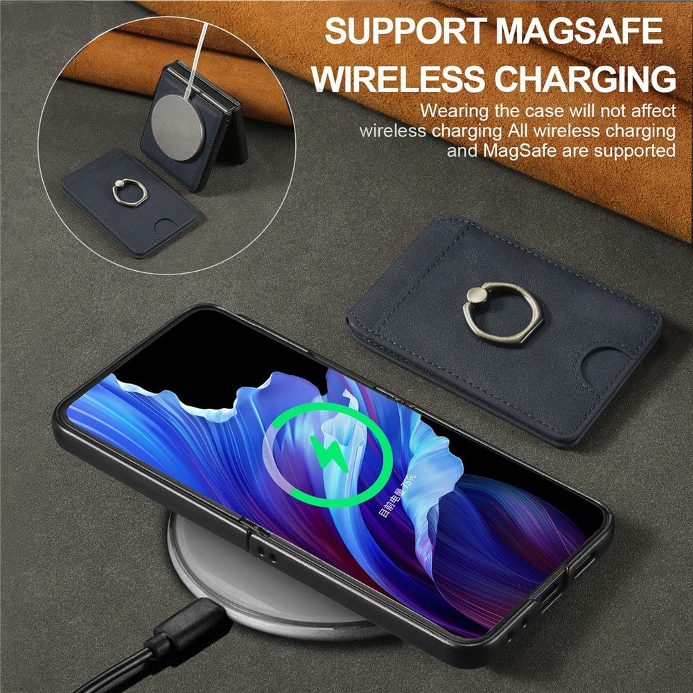 For Samsung Galaxy Z Flip7 FE 5G / Z Flip6 5G Magnetic Case PC + PU Phone Back Cover with Detachable Card Holder - Blue