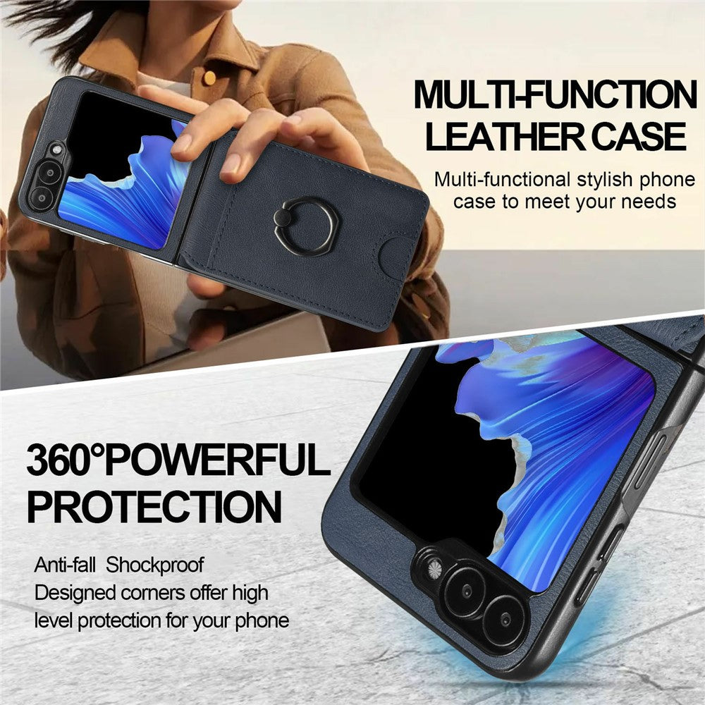 For Samsung Galaxy Z Flip7 FE 5G / Z Flip6 5G Magnetic Case PC + PU Phone Back Cover with Detachable Card Holder - Blue