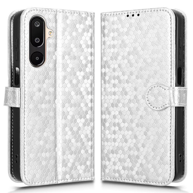 For Samsung Galaxy M16 5G / F16 5G Wallet Case Dot Pattern Imprint PU Leather Phone Cover - Silver