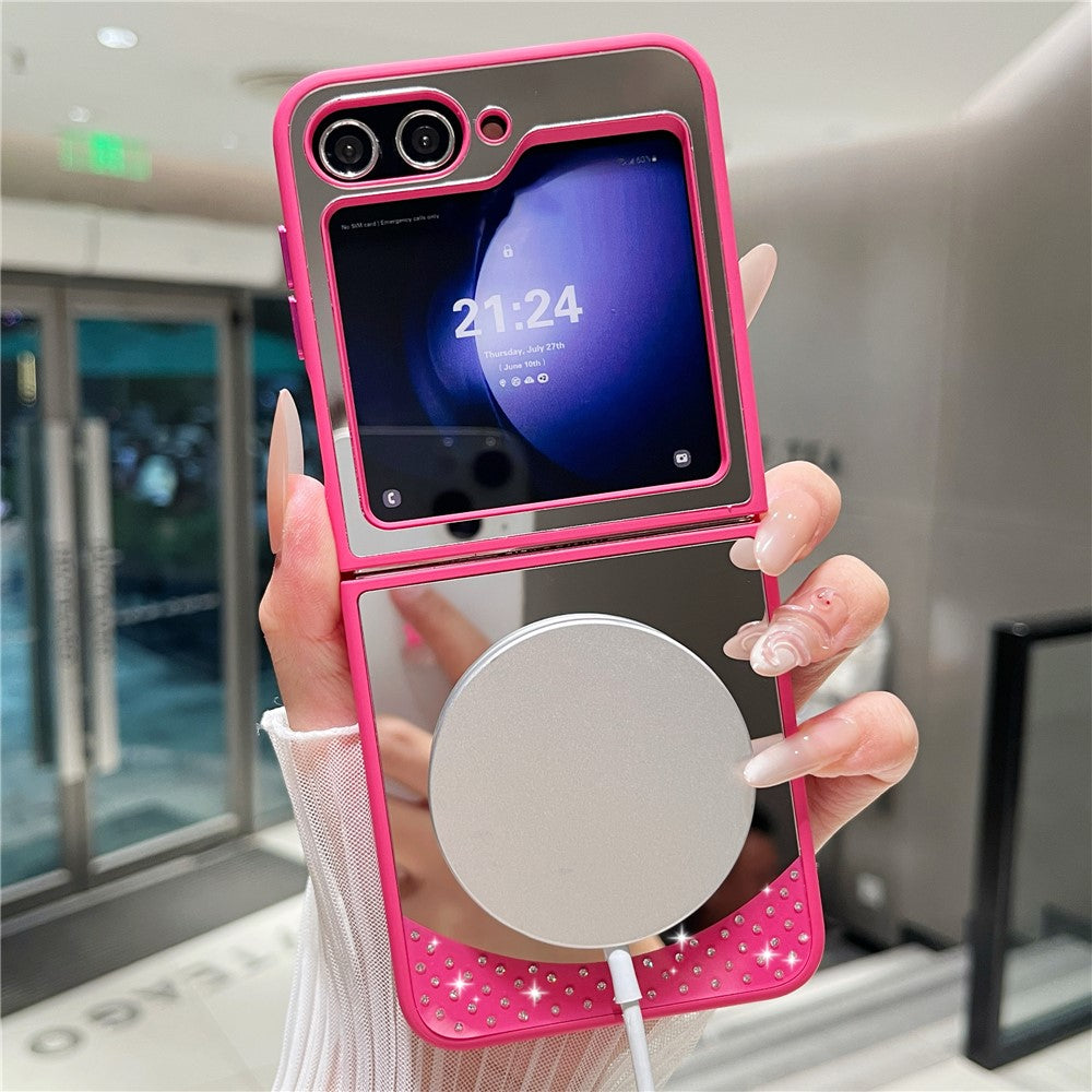 For Samsung Galaxy Z Flip7 FE 5G / Z Flip6 5G Magnetic Case Mirror Surface TPU + PC Shockproof Phone Cover - Rose