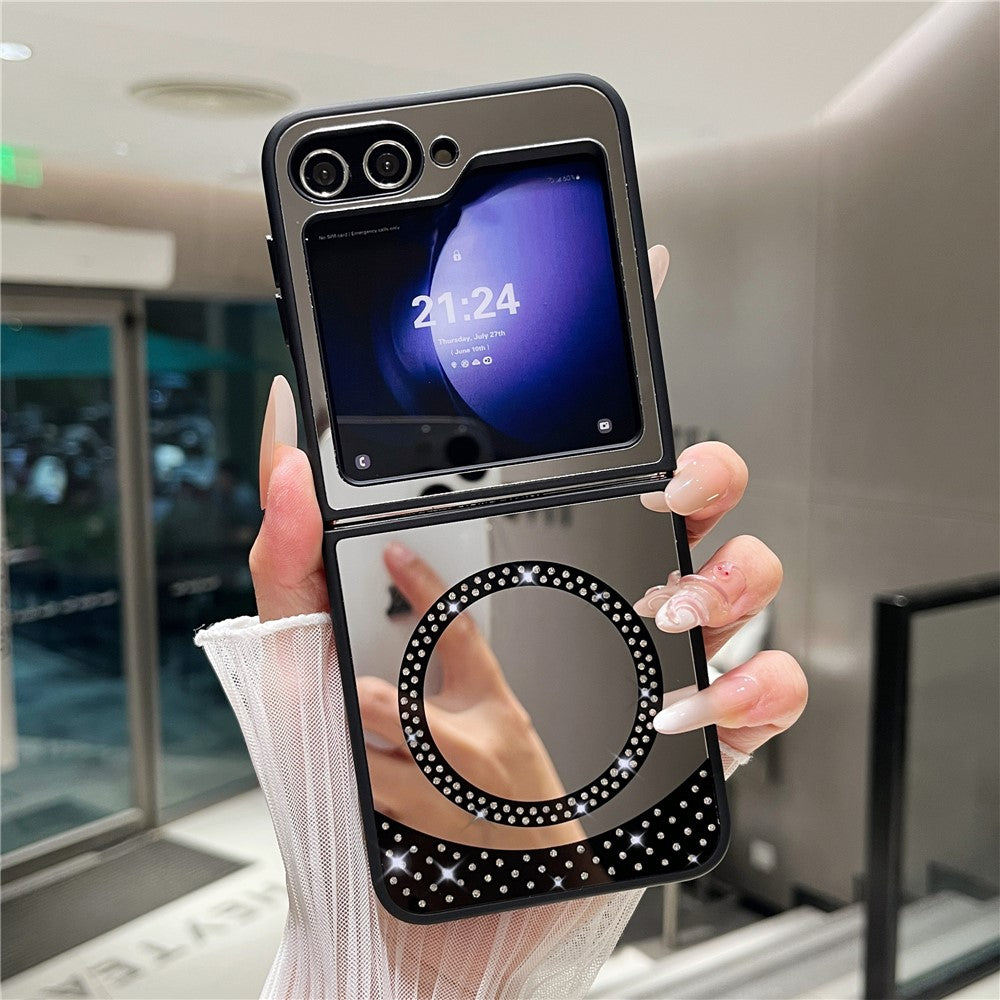 For Samsung Galaxy Z Flip7 FE 5G / Z Flip6 5G Magnetic Case Mirror Surface TPU + PC Shockproof Phone Cover - Black