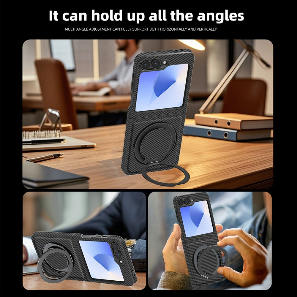 For Samsung Galaxy Z Flip7 FE 5G / Z Flip6 5G Magnetic Case Carbon Fiber Texture PU+TPU Kickstand Phone Cover - Black