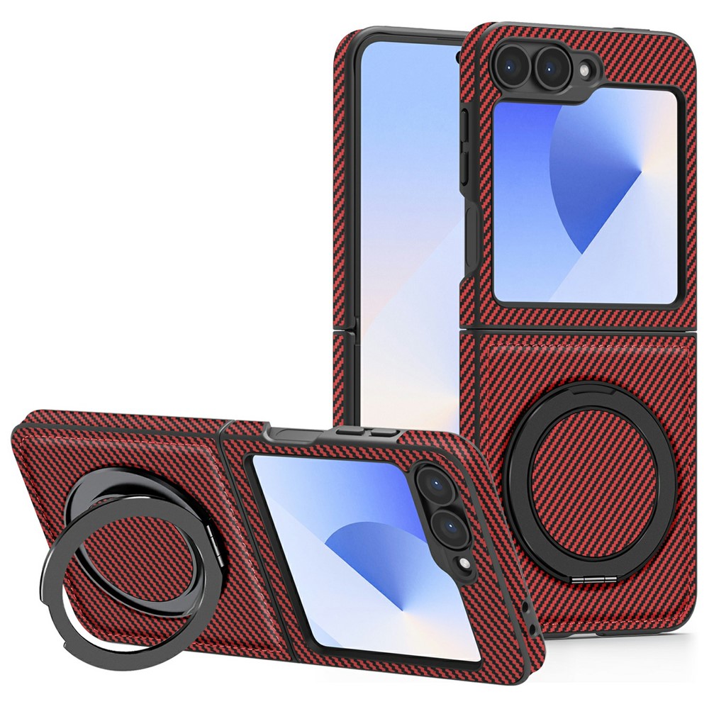 For Samsung Galaxy Z Flip7 FE 5G / Z Flip6 5G Magnetic Case Carbon Fiber Texture PU+TPU Kickstand Phone Cover - Red