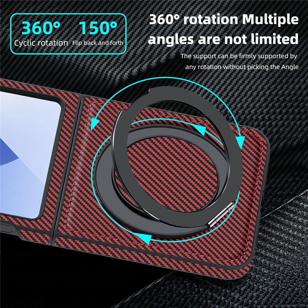 For Samsung Galaxy Z Flip7 FE 5G / Z Flip6 5G Magnetic Case Carbon Fiber Texture PU+TPU Kickstand Phone Cover - Red