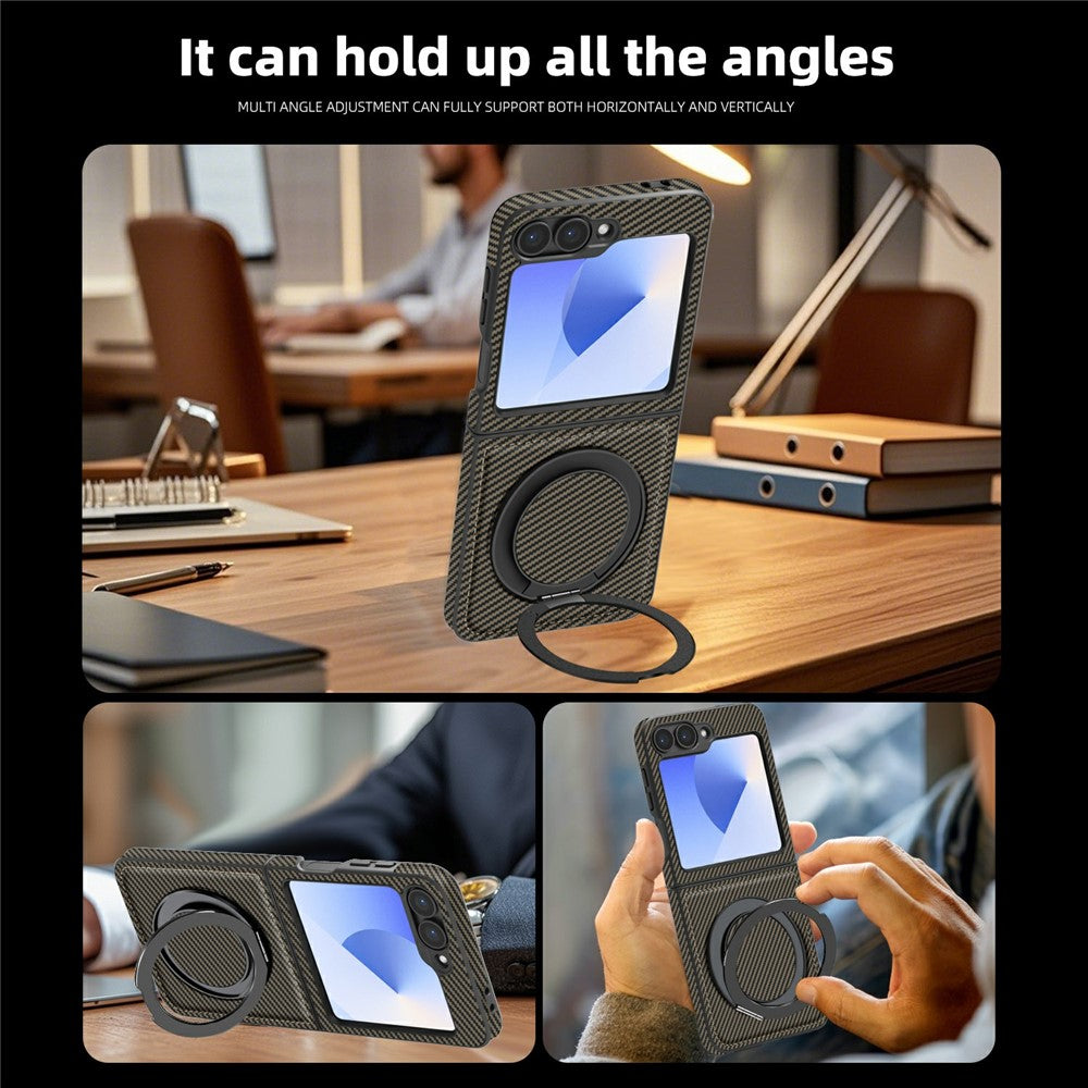 For Samsung Galaxy Z Flip7 FE 5G / Z Flip6 5G Magnetic Case Carbon Fiber Texture PU+TPU Kickstand Phone Cover - Coffee
