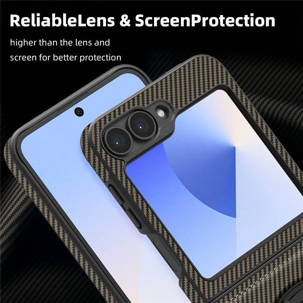 For Samsung Galaxy Z Flip7 FE 5G / Z Flip6 5G Magnetic Case Carbon Fiber Texture PU+TPU Kickstand Phone Cover - Coffee