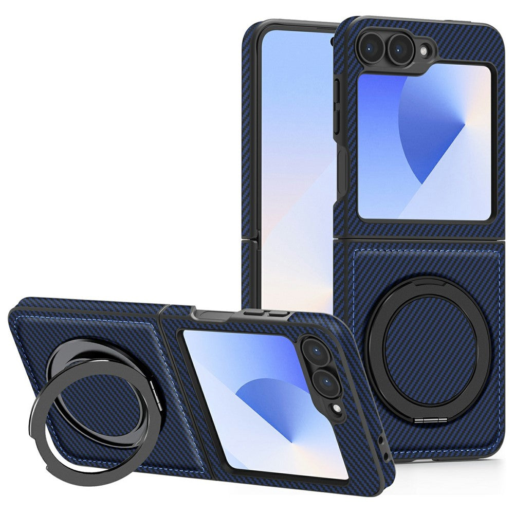 For Samsung Galaxy Z Flip7 FE 5G / Z Flip6 5G Magnetic Case Carbon Fiber Texture PU+TPU Kickstand Phone Cover - Sapphire