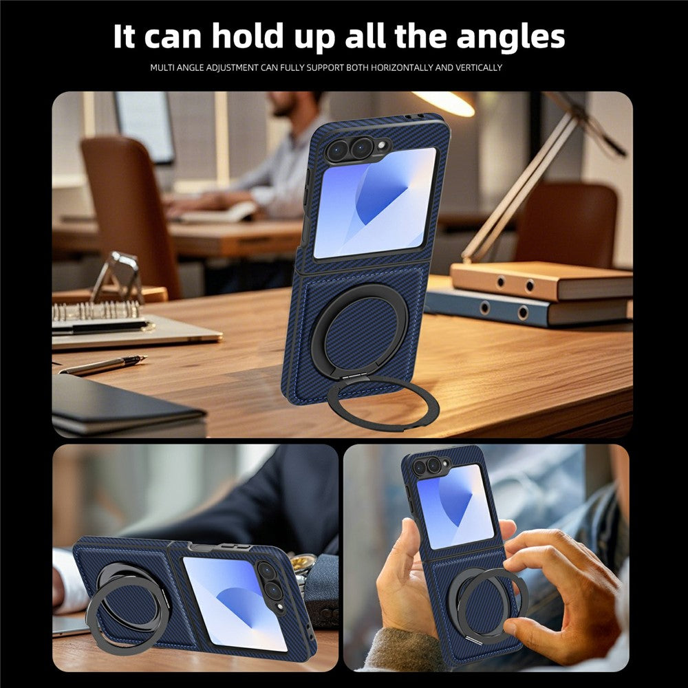 For Samsung Galaxy Z Flip7 FE 5G / Z Flip6 5G Magnetic Case Carbon Fiber Texture PU+TPU Kickstand Phone Cover - Sapphire