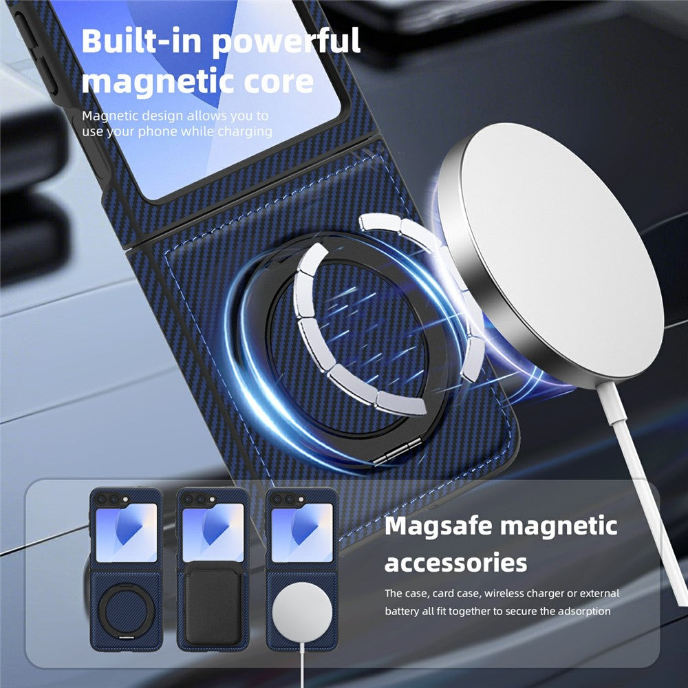 For Samsung Galaxy Z Flip7 FE 5G / Z Flip6 5G Magnetic Case Carbon Fiber Texture PU+TPU Kickstand Phone Cover - Sapphire