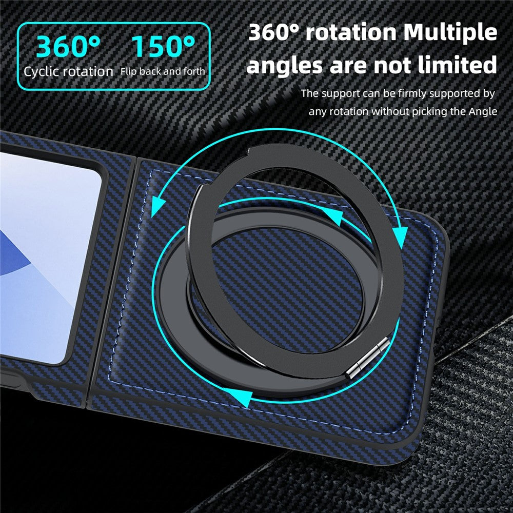 For Samsung Galaxy Z Flip7 FE 5G / Z Flip6 5G Magnetic Case Carbon Fiber Texture PU+TPU Kickstand Phone Cover - Sapphire