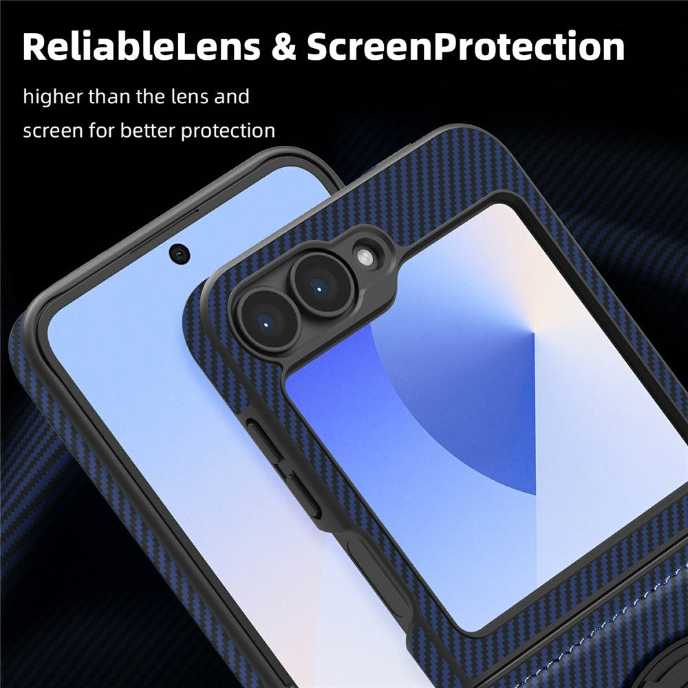 For Samsung Galaxy Z Flip7 FE 5G / Z Flip6 5G Magnetic Case Carbon Fiber Texture PU+TPU Kickstand Phone Cover - Sapphire
