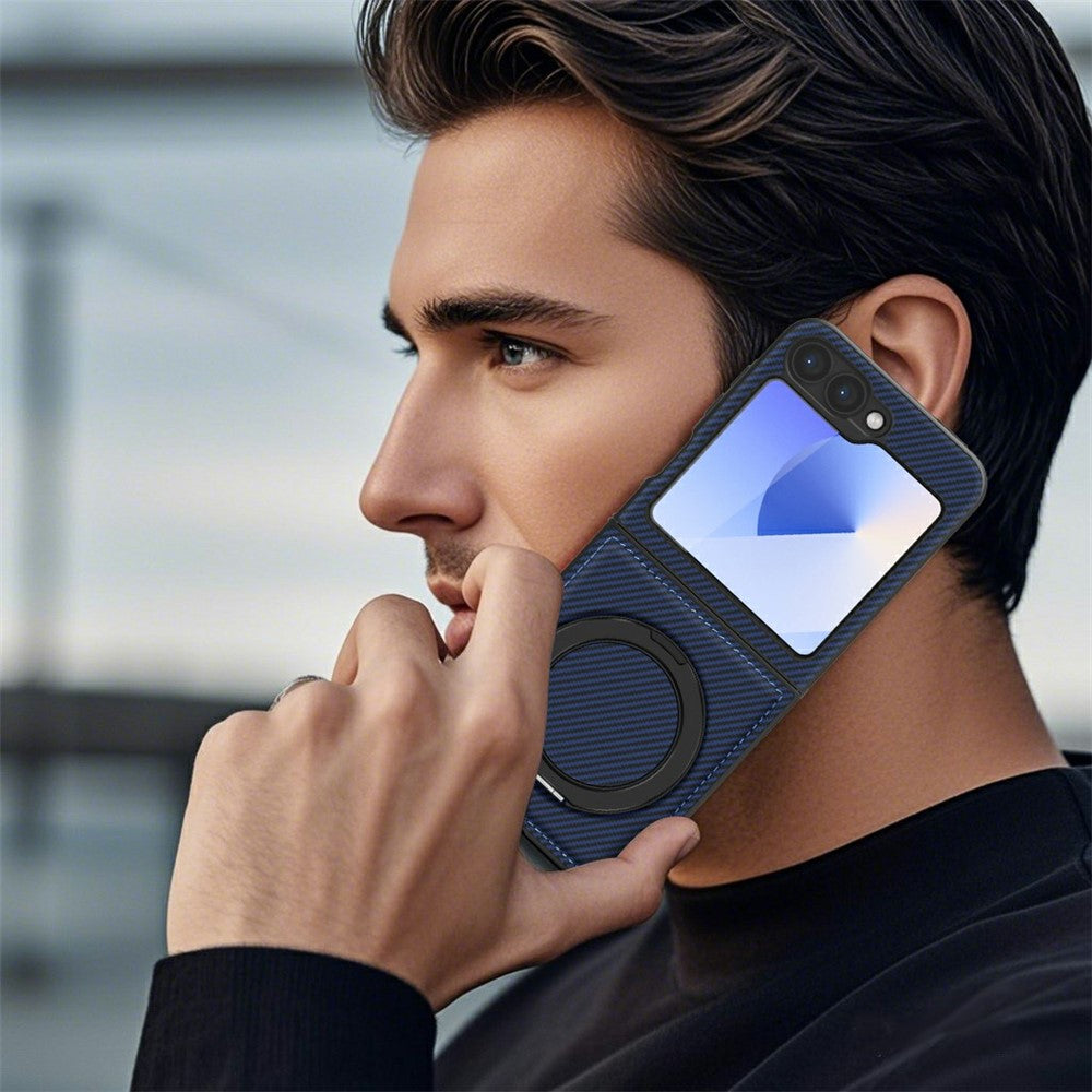 For Samsung Galaxy Z Flip7 FE 5G / Z Flip6 5G Magnetic Case Carbon Fiber Texture PU+TPU Kickstand Phone Cover - Sapphire