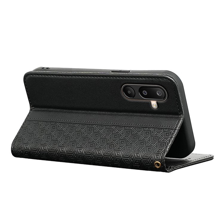 For Samsung Galaxy M16 5G / F16 5G Wallet Phone Case Strong Magnetic Checkered Pattern Imprint Leather Flip Cover - Black