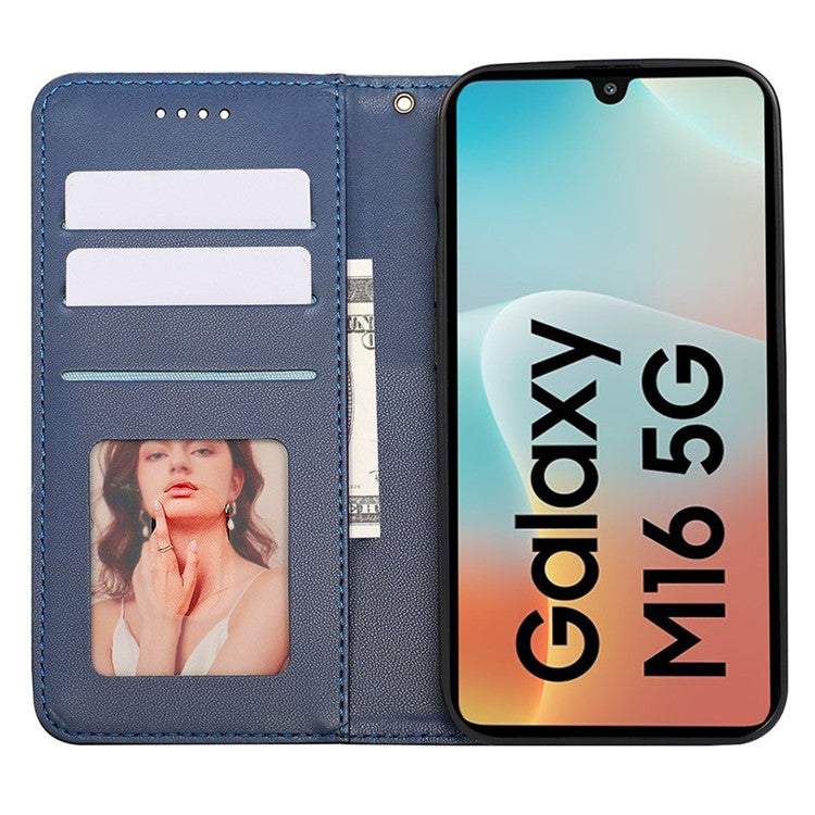 For Samsung Galaxy M16 5G / F16 5G Wallet Phone Case Strong Magnetic Checkered Pattern Imprint Leather Flip Cover - Blue