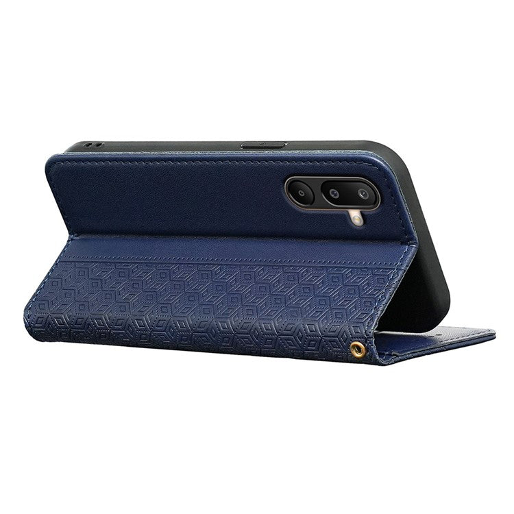 For Samsung Galaxy M16 5G / F16 5G Wallet Phone Case Strong Magnetic Checkered Pattern Imprint Leather Flip Cover - Blue