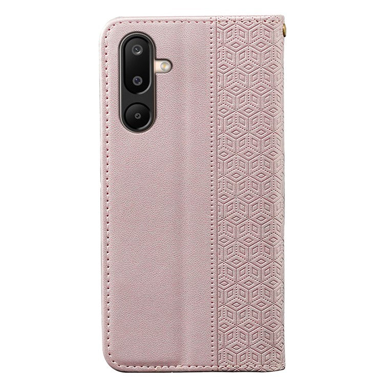 For Samsung Galaxy M16 5G / F16 5G Wallet Phone Case Strong Magnetic Checkered Pattern Imprint Leather Flip Cover - Rose Gold